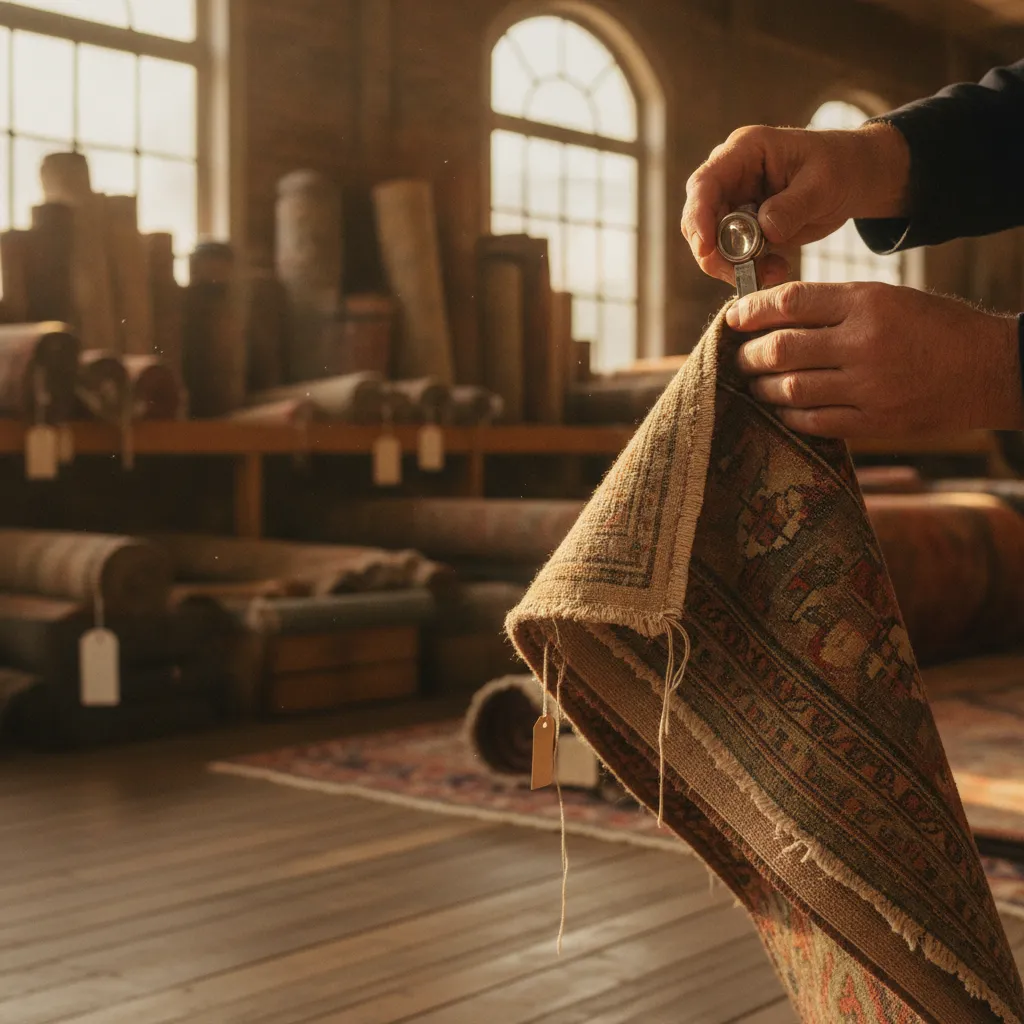 Hands examining the back of a rolled oriental rug with a loupe in an antiques warehouse