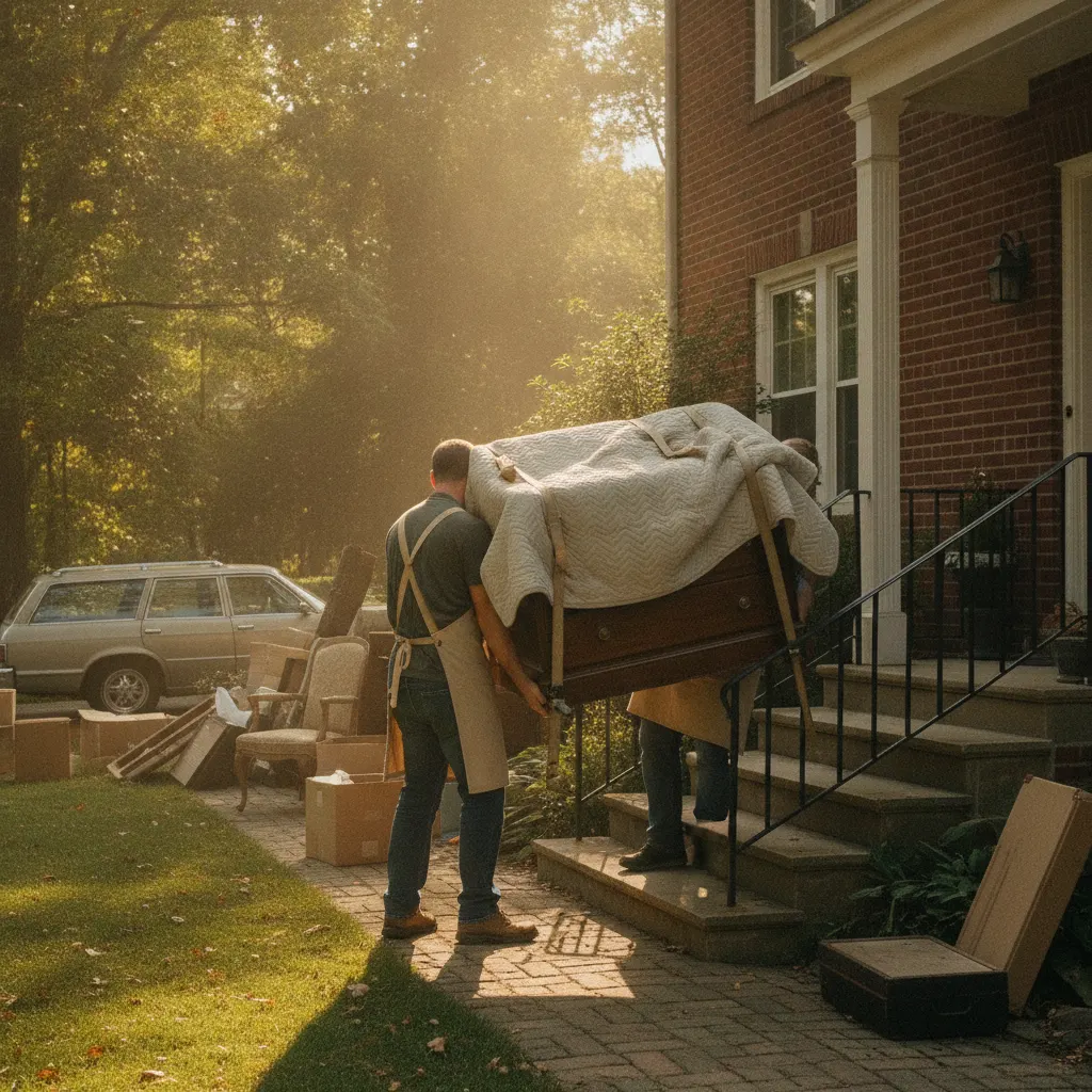 Scott and his helper carefully carrying a blanket-wrapped antique dresser down a home's front steps