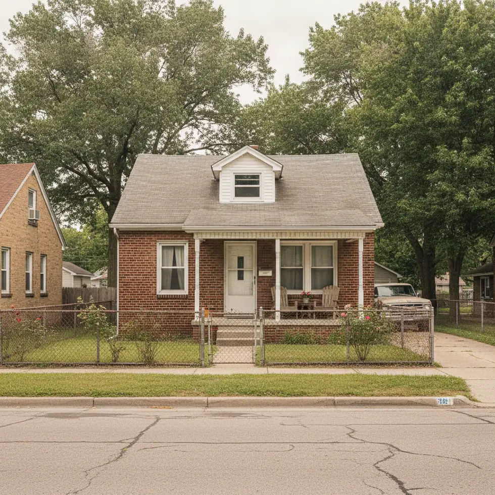 A modest brick bungalow on a Detroit street
