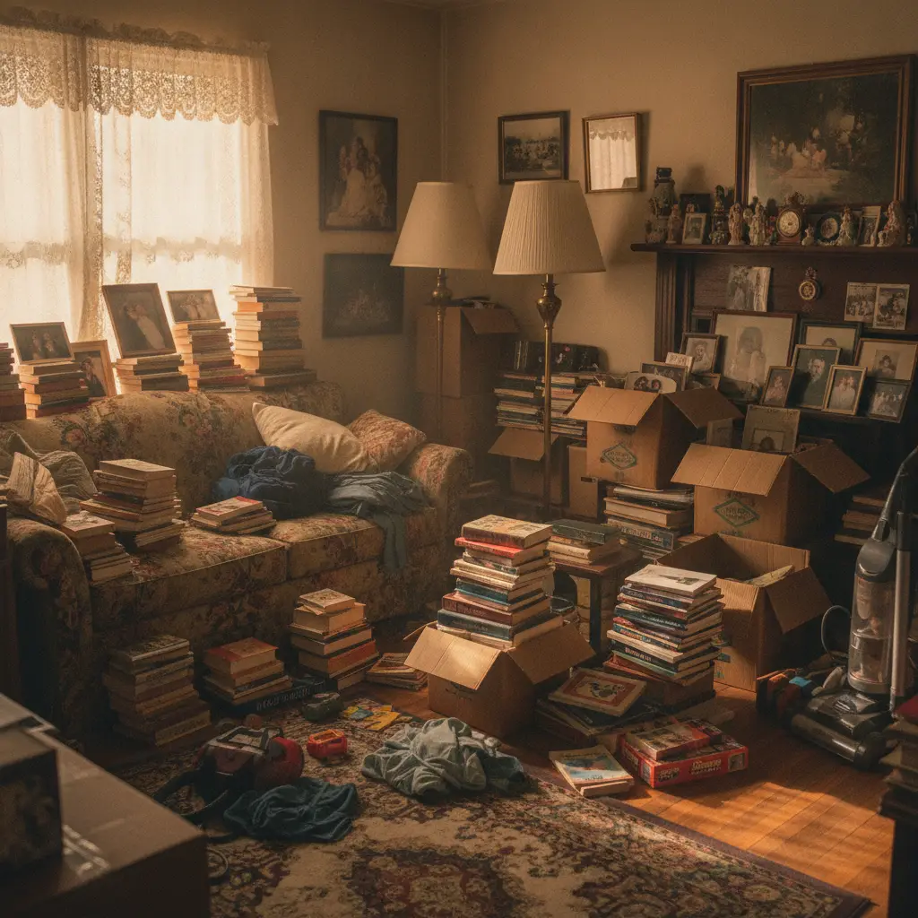 A room packed floor to shoulder with belongings