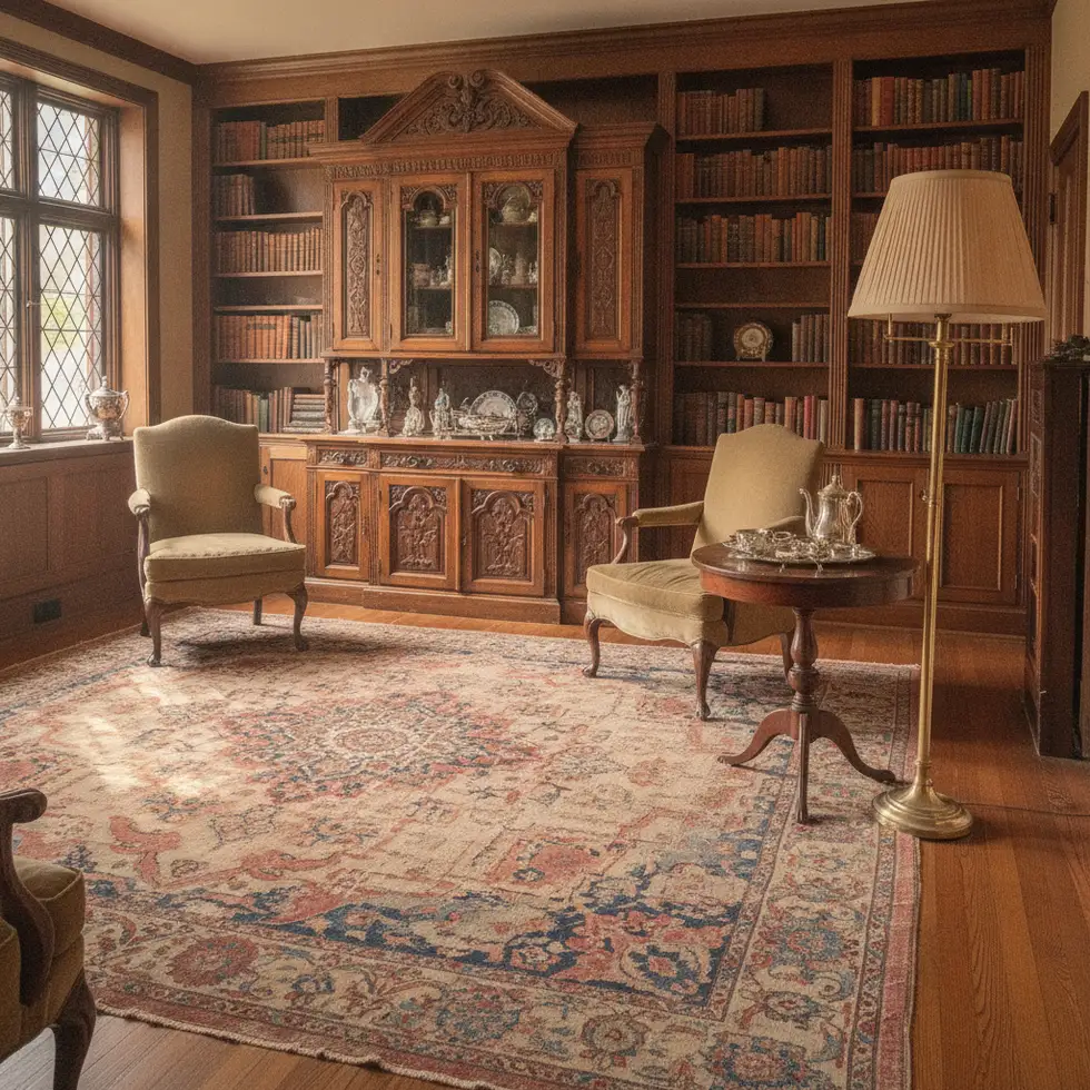 Living room with antiques and rug