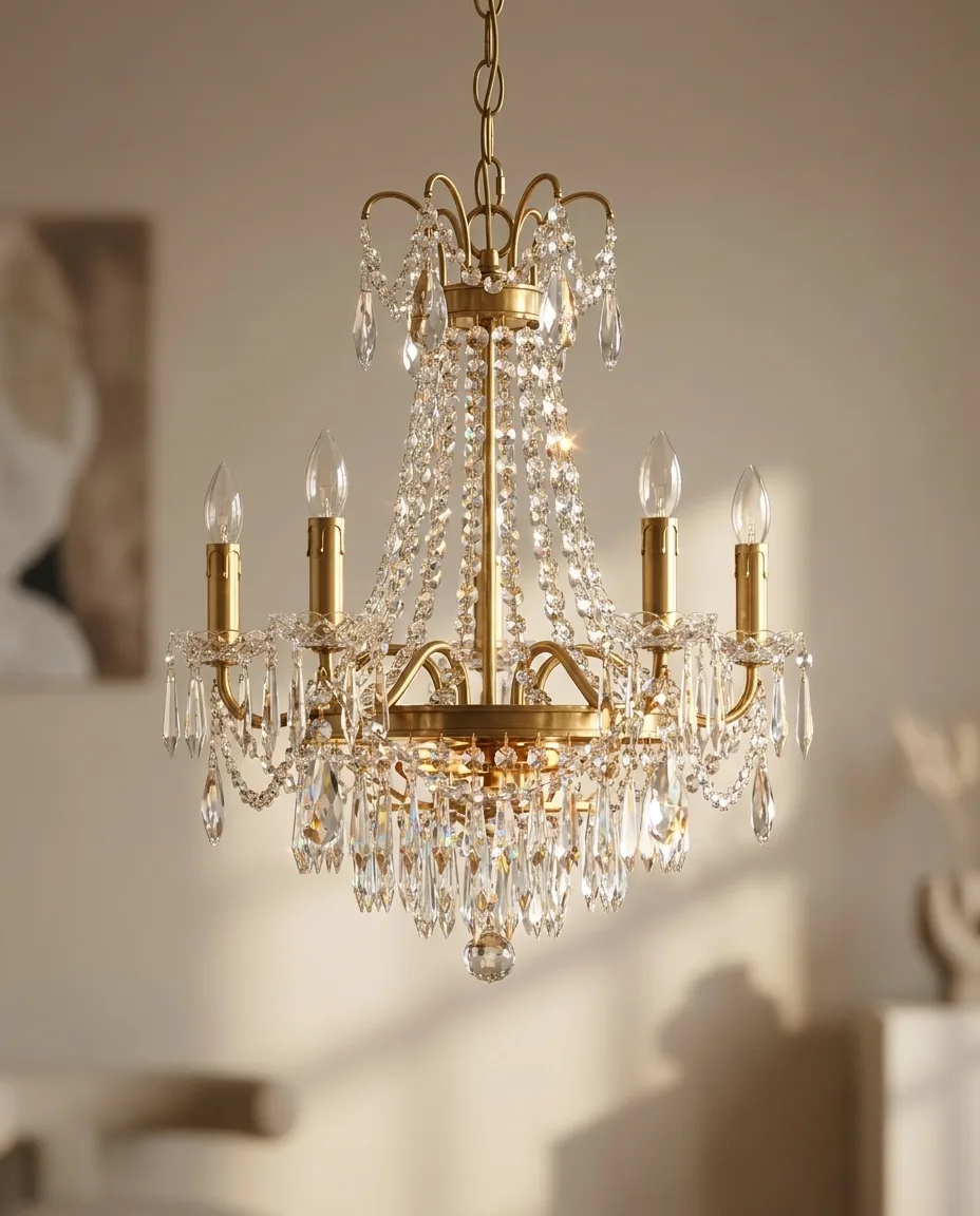 Brass and Crystal Five-Arm Chandelier