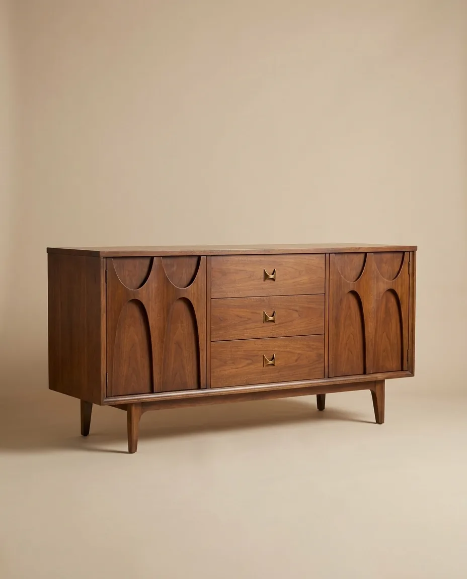 Sculptural walnut doors on a Broyhill Brasilia credenza