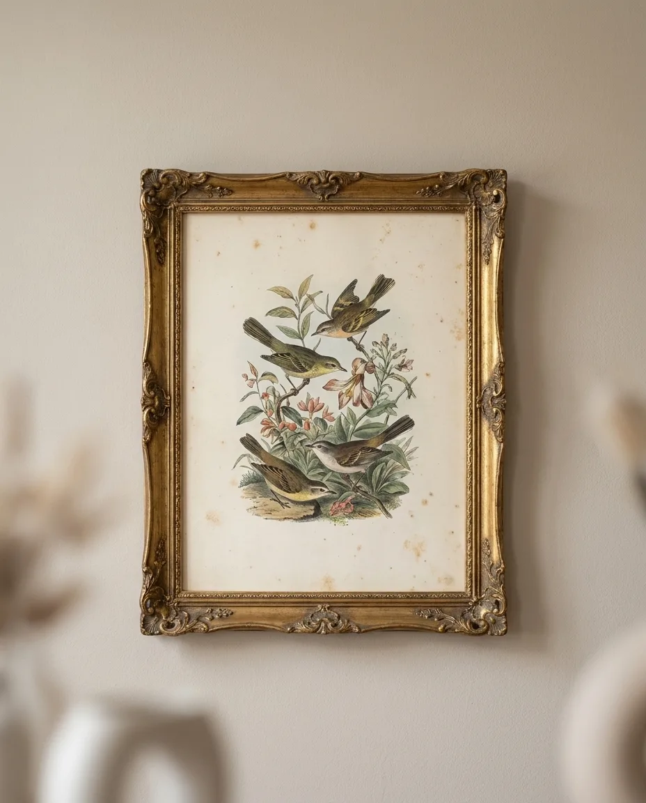 Framed Antique Bird Lithograph